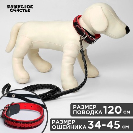 Set of a collar (34-45x2 cm) and a leash (120x0.8 cm) with a scythe, black with red