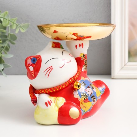 Pigger Ceramics "Cat Mani-Neko to attract wealth with a plate" 11.5x15x13 cm-1