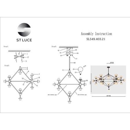 Ceiling Ceiling ST LUCE. SL549.403.21. Stampo. 21x40 watts, E27, 170x170x120 cm, black color-9