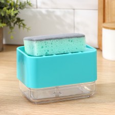 A dispenser for a detergent with a stand for the Raccoon sponge, a sponge included, the color is turquoise