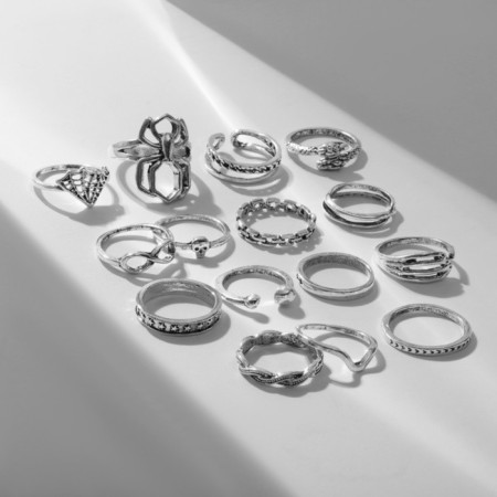 Set of rings 15 pieces "Assorted" Spider, Web, Size Mix, Color Black Silver-1