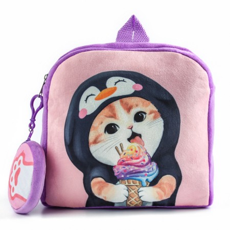Baby plush backpack with a wallet "Cat with ice cream", 24*24 cm, lilac color-1
