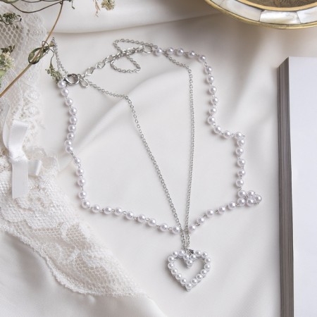 Pearl pearl “chain” Olympia, heart, white color in silver, 40 cm-5