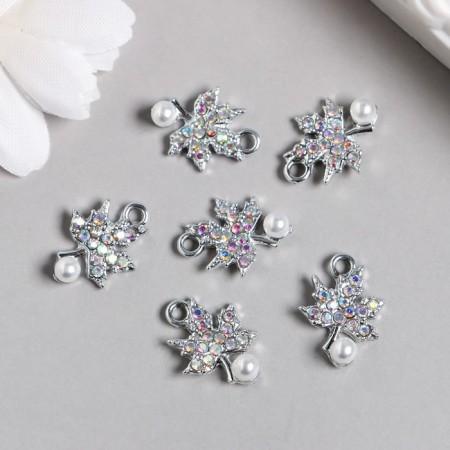 Decor for creativity metal, rhinestones "Maple leaves with bead" silver 1.3x1.8 cm-1