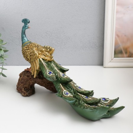 Polystone souvenir "Peacock with green gray feathers, Sapphire on the snag" 32x14x20.5 cm-2