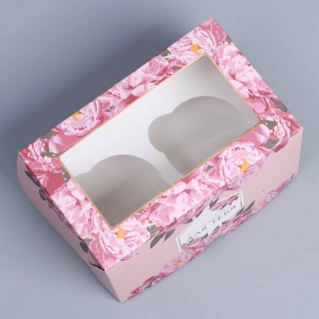Capcake box, confectionery packaging with a window, 2 cells, "flowers", 16 x 10 x 10 cm-1