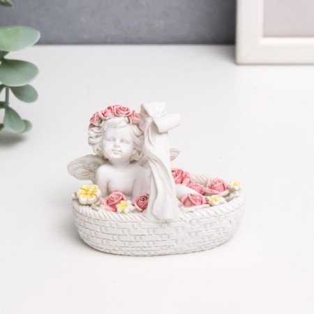 Polystone souvenir "Snowty angel in a pink wreath, in a basket with flowers" 6.5x8x5 cm