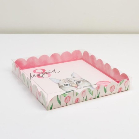 Cookie box, confectionery packaging with PVC lid, “March 8”, 21 x 21 x 3 cm-1