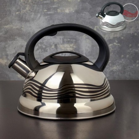 A kettle with a whistle made of stainless steel of a “wave” shares, 2.8 liters, with a heating indicator, a fixed handle
