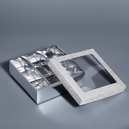Box for 9 sweets silver glitter, 12.5 x 12.5 x 4 cm. Confectionery packaging-3