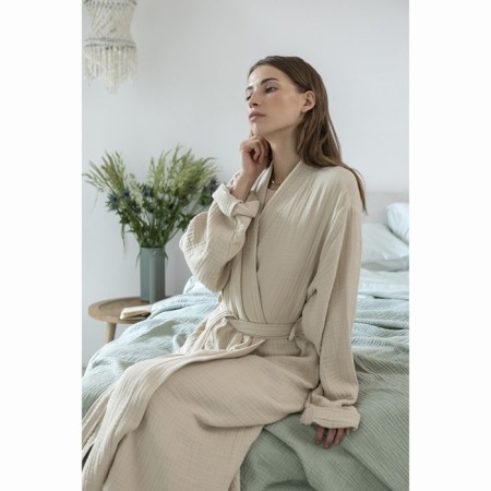 Essential bathrobe, multi -layer muslin, size S, beige color-4