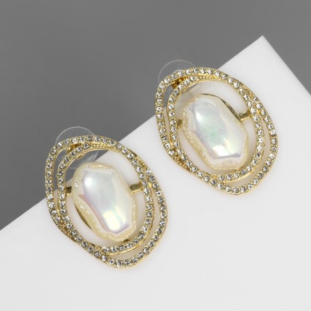 Earrings with pearls "abstraction" desire, white color in gold, stone shape and color mix