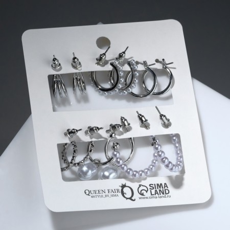 Road earrings set 6 pairs "pearl" mood, white color in silver-2