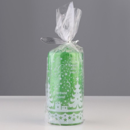 New Year's Candle-Cylinder "New Year's Patterns No. 3", 12.5x6 cm, 35 hours, 275 g, green with white-2
