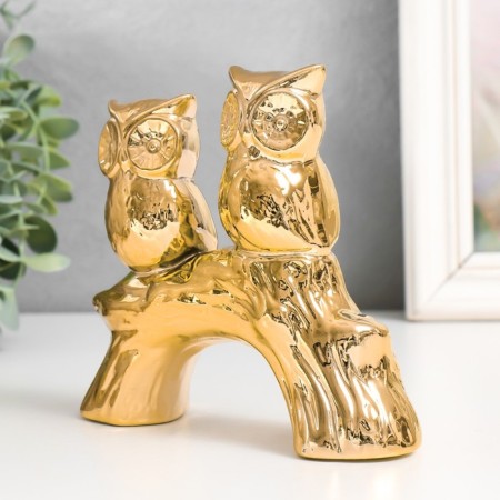 Souvenir ceramics "Two owls on the snag" gold 15x4.5x13.3 cm-1