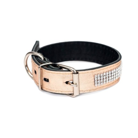 The collar is two-layer leather with rhinestones, width 2.5 cm, Osh 29-39 cm, pink