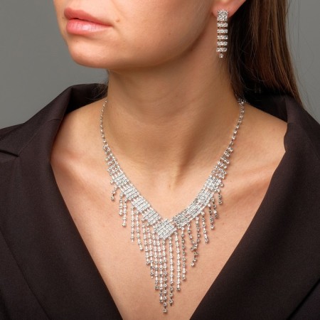 Set 2 objects: earrings, necklace “Sparks” rain, white color in silver, 30 cm