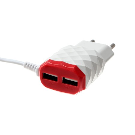 Network charger Luazon LCC-25, 2 USB, 1 A, MicroUSB cable, red-white