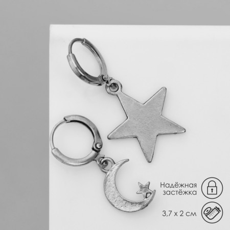 Earrings "Night" crescent and stars, color black silver