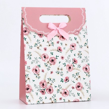 Gift box-package, packaging with a cut handle, "pink flowers", 19 x 9 x 27 cm