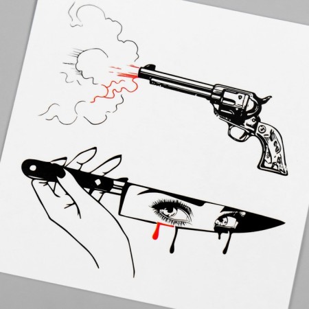 Black-red tattoo on the body "knife and gun" 6x6 cm-2