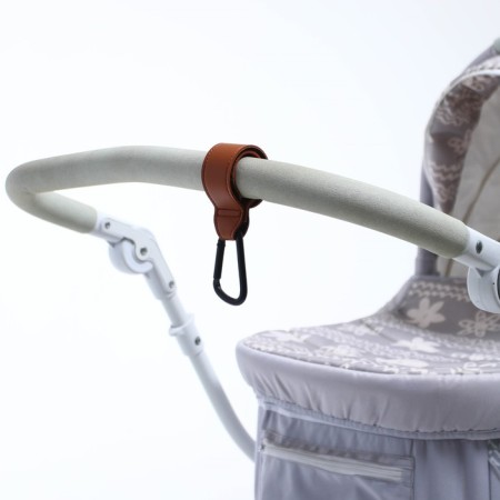 Carabiner for bags for a stroller, for Velcro, eco -leather, brown color-8