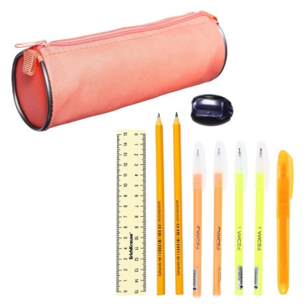 Cleaning set 10 objects (pencil case 65 x 210 mm, pens 4 pieces of blue color, ruler 15 cm, sharpener, pencil 2 pieces, textbook), peach