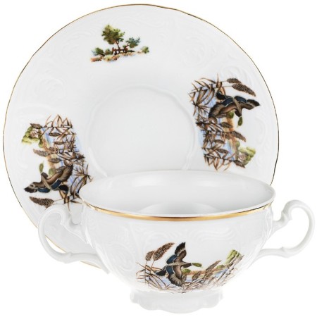 A cup with a saucer for the Bernadotte broth, decor "Hunting plots"-3