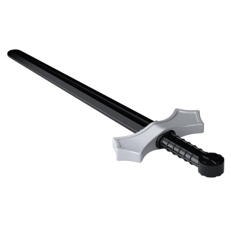 The sword is plastic, the color is black with a silver guard