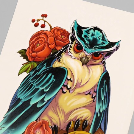 Tattoo on the body color "owl in peony" 26.1x14.6 cm-3