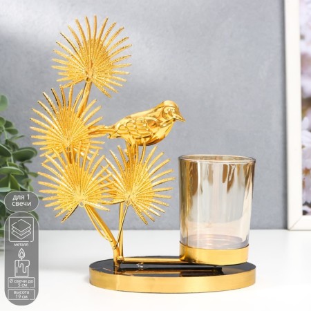 Summary metal, glass for 1 candle "Bird on the palm tree" D-5 cm, gold 8x16x19 cm