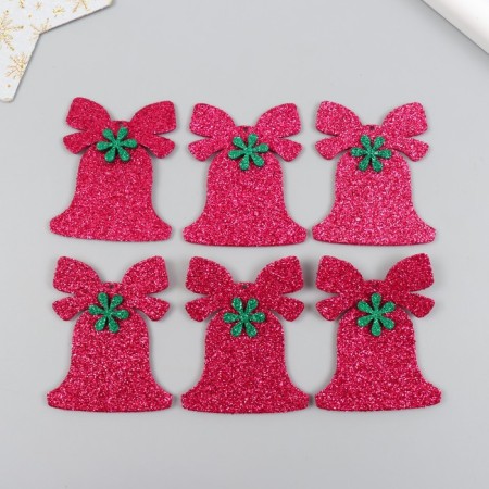 Decor "Bell with flower" 5x6 cm raspberry set 6 pcs foom glitter-2