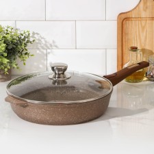 Granite pan, d = 30 cm, removable handle, glass cover, anti -stick coating, brown color
