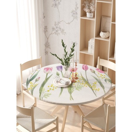 Tables on the table "Flowers of spring", round, oxford, elastic band, size 140x140 cm, diameter 105-120 cm-2