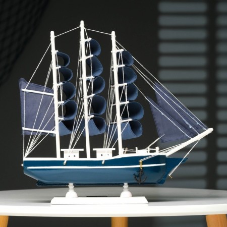 The ship souvenir medium "Kalev", the sides are blue with a white strip, the sails are blue, 30x7x32 cm-8