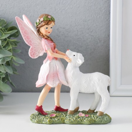 Souvenir Polystone "Girl Babochka with a lamb" Pink wings 13.5x5x15.5 cm-1