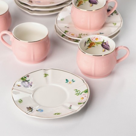 Ceramic coffee coffee table, 12 items: 6 cups 100 ml, 6 saucers 12 cm, pink color-1