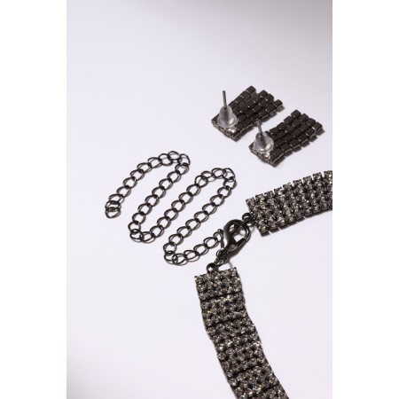 Set 2 objects: earrings, chocker "ice" 4 rows, white color in gray metal, 44.5 cm-7