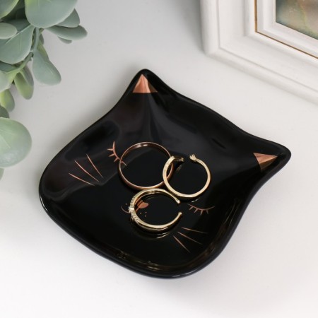 Souvenir Ceramics stand for the ring "Satisfied muzzle of the black cat" 8x10x1.2 cm-2