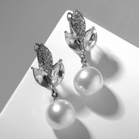 Earrings with pearls "Grace" leaves, white color in silver-2