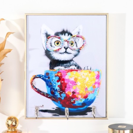 Key plastic, MDF 3 hooks "cup cat" rhinestones, gold 18.5x1.8x23.5 cm