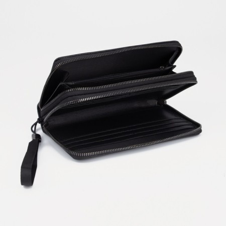 Male purse with zipper, department for bills, for maps, for coins, black color-2