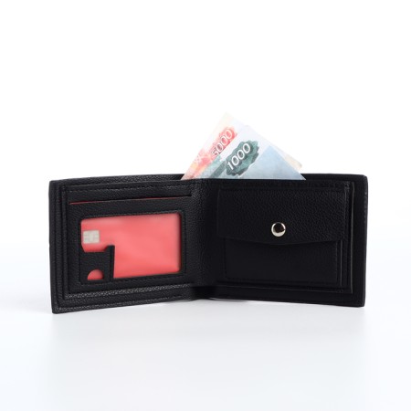 Male purse without fastening, department for cards, coins, black color-5