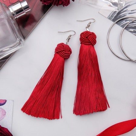 Earrings "Brushes" romance, burgundy color in silver, brush length, 7 cm-1