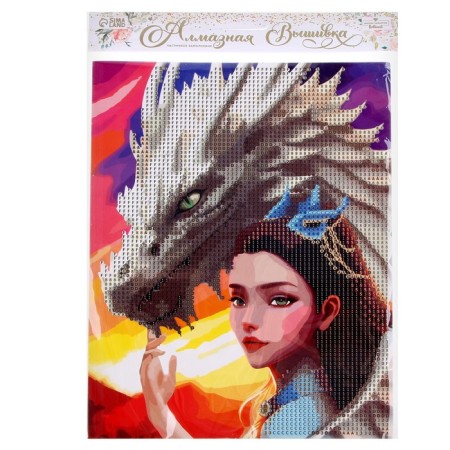 Diamond mosaic with a partial filling on a cardboard basis "Girl with a Dragon", 20 x 25 cm-3