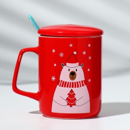 Ceramic mug with a spoon and cover "Bear", 400 ml, red color-5