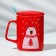 Ceramic mug with a spoon and cover "Bear", 400 ml, red color