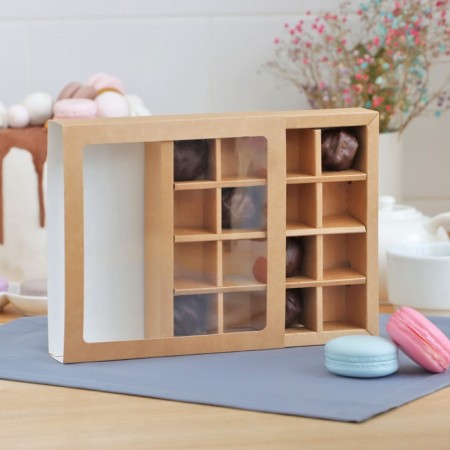 Folding box under 16 sweets with a window, craft, 17.7 x 17.7 x 3.8 cm