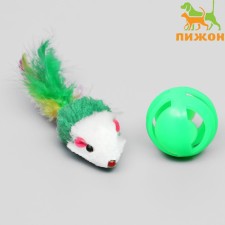 A set of toys for cats: mouse 5 cm and ball with a tambourine 3.8 cm, mix of flowers