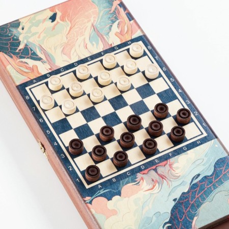 Backgammon "Dragon in the clouds", wooden board 40 x 40 cm, with a field for playing checkers-2